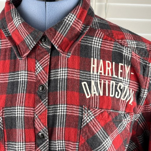 Harley Davidson Flannel Shirt Women's Sz XL Snap Up Plaid Pockets Spell Out Logo