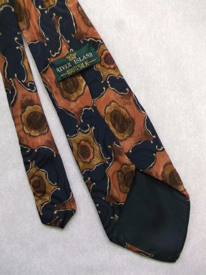 Tie Necktie Silk Mens RIVER ISLAND NAVY GOLDEN BROWNS - Image 3 of 3