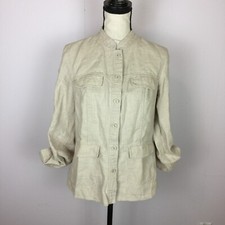 Charter Club Luxury Linen Jacket Blazer Sz M Womens Beige Roll Tab Sleeve Pocket