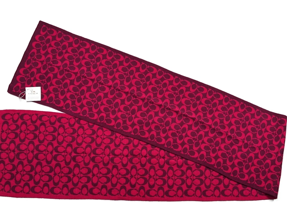 COACH Signature C Knit Scarf Reversible Fuchsia Merino Wool 10.5 x 72 New NWT - Image 4 of 4