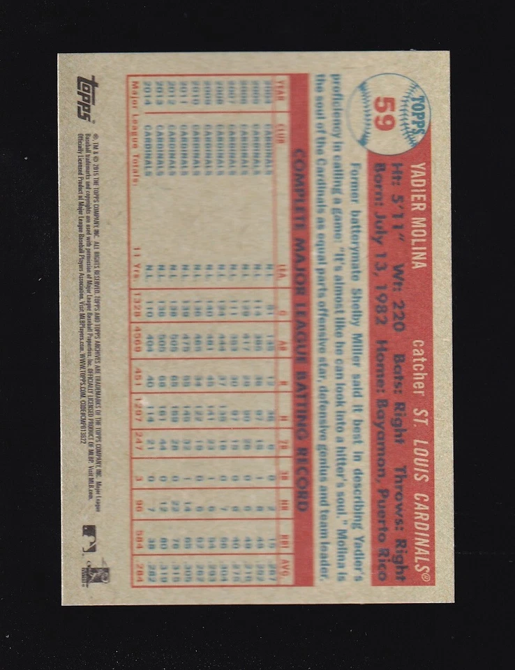 2015 Topps Archives Yadier Molina #59 St Louis Cardinals - Image 2 of 2