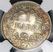 1916-F NGC MS 65 Germany 1 Mark Mint State Key Stuttgart Silver Coin (26013103C)