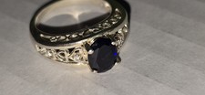 Vintage Sterling Silver 925 Oval Sapphire Filigree Ring - Size 6