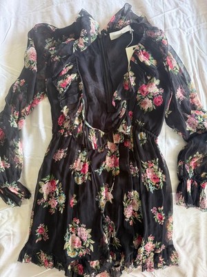 Zimmerman Floral Long Sleeve Ruffel Romper Black Pink Green V Neck Zip Elastic W