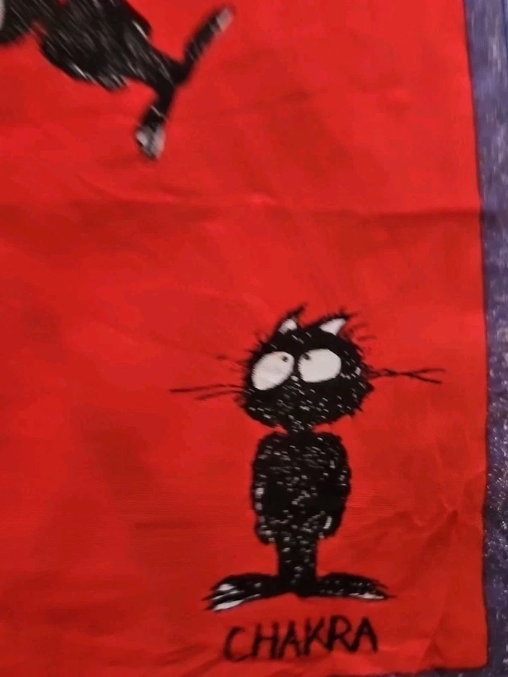 Vintage Handkerchief Cotton Black Cats ZODIAC signs symbols CHAKRA Scarf HANKY - Image 3 of 4