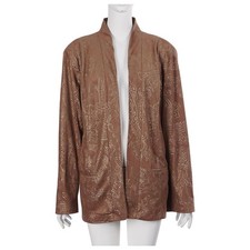 NWT Chico's Jacket 3/XL Brown Metallic Gold Textured Open Front Pockets Lined