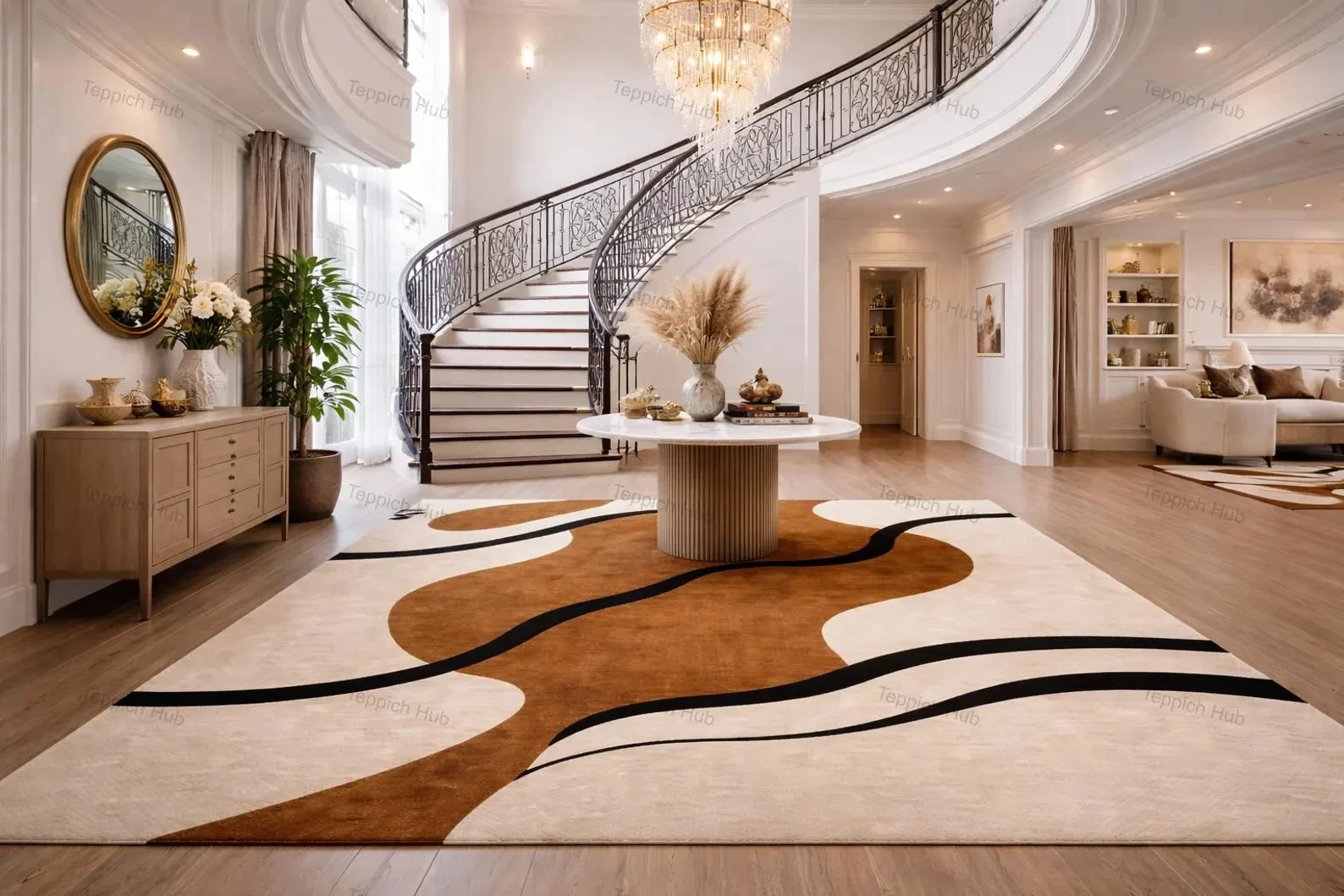 Beige Brown Black Hand Tufted Abstract Wool Rug, Modern Neutral Luxury Living Ro