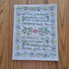 Vtg Finished Embroidered Friendship Sampler Unframed Crewel Cross-Stitch 11"x14"