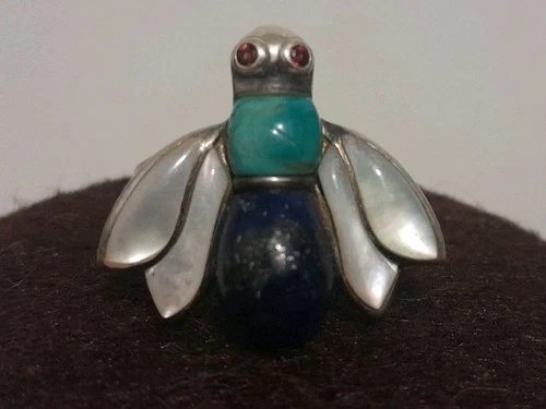 Vintage Bee Bug Ring Blue Lapis Turquoise MOP .925 Sterling Silver Women SZ 11