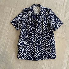 Vintage DORMEL GOWNS Nairobi Mudcloth Geometric Safari Tunic Jacket Navy Blue S