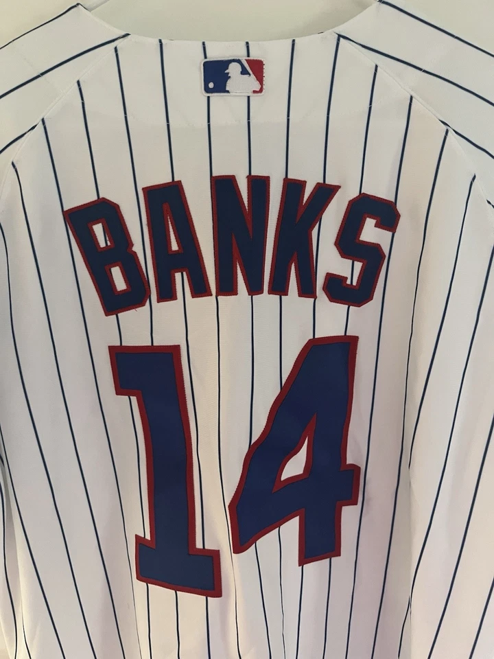 Camiseta deportiva MAJESTIC auténtica 48 XL Chicago Cubs a rayas Ernie Banks #14 nueva con etiquetas Foto 3 de 4