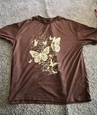 Brown Short Sleeve Crew Neck T-Shirt Butterfl...