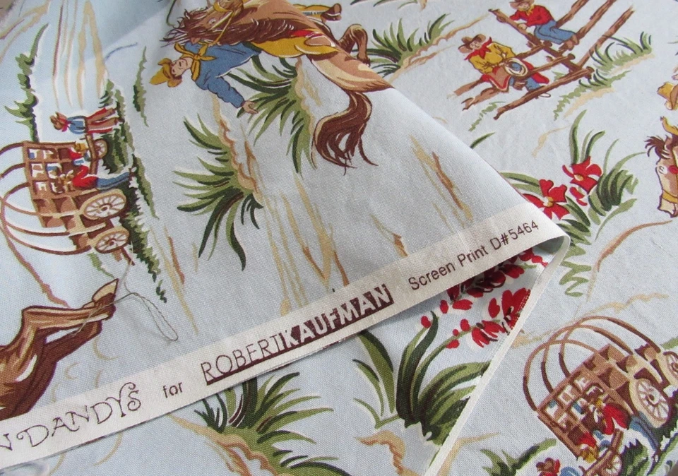 Tela estampada occidental caballo vaquero retro 2/3 yardas BARN DANDYS Robert Kaufman D#5464 Foto 2 de 3