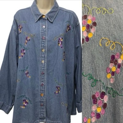 Silver Threads Denim Shirt Embroidered Grapes Womens 3X Chambray Wine Enthusiast
