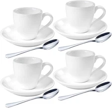 Porcelain Espresso Shot Cup Set with Saucers and Stainless Steel Spoons - 80 Ml 