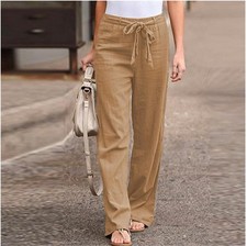 Women Cotton Linen Trousers Straight Leg Casual Loose Summer Slacks Pants Plus