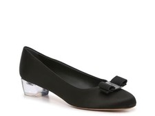 NIB NEW Salvatore Ferragamo Vara Plex Black Satin Pumps With Crystal Clear Heel
