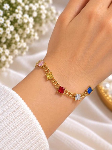 18K Gold Plated Multicolour Crystal Chain Bracelet, Square Stone Design jewelery