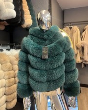 Women  s Green Genuine Fox Fur Hooded Luxury Cropped Jacket Handmade