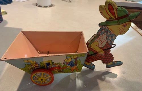 Vintage 1950s Easter Bunny Rabbit Pulling Cart Tin Litho ~ J Chein & Co 11" Toy