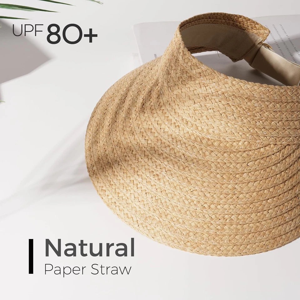 FURTALK Sun Visor Hats for Women Wide Brim Straw Visors One Size, Khaki  - Image 2 of 4