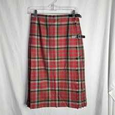 Vintage Great Britain 12 Plaid Wool Kilt Skirt Leather Buckles Pleats Heritage