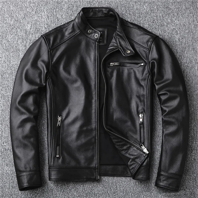 Genuine Black Cafe Racer Leather Jacket For Men New Casual Tasseled Biker Jacket