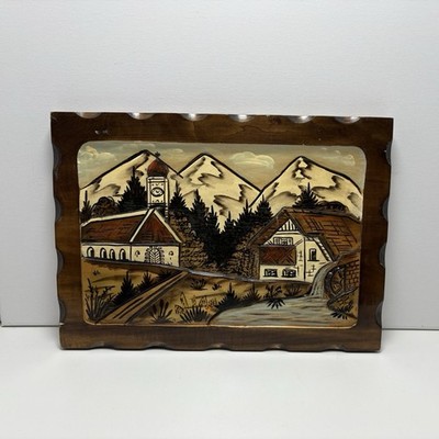 Black Forest Germany 3D Hand Carved Wood Hand Painted Relief Wall Plaque Vintage
