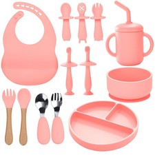 13 PCS Silicone Baby Feeding Set Suction Bowl Plate Bib Cup Weaning Pink Kit
