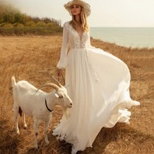 Boho Deep V-Neck Wedding Dress Chiffon Long Lantern Sleeve Lace Appliques Simple