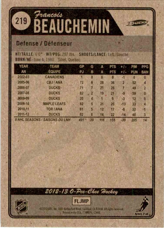 2012-13 O-Pee-Chee Francois Beauchemin #219 - Image 2 of 2