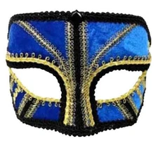 BLUE VELVET VENETIAN STYLE MARDI GRAS MASQUERADE MASK w GOLD TRIM RHINESTONE