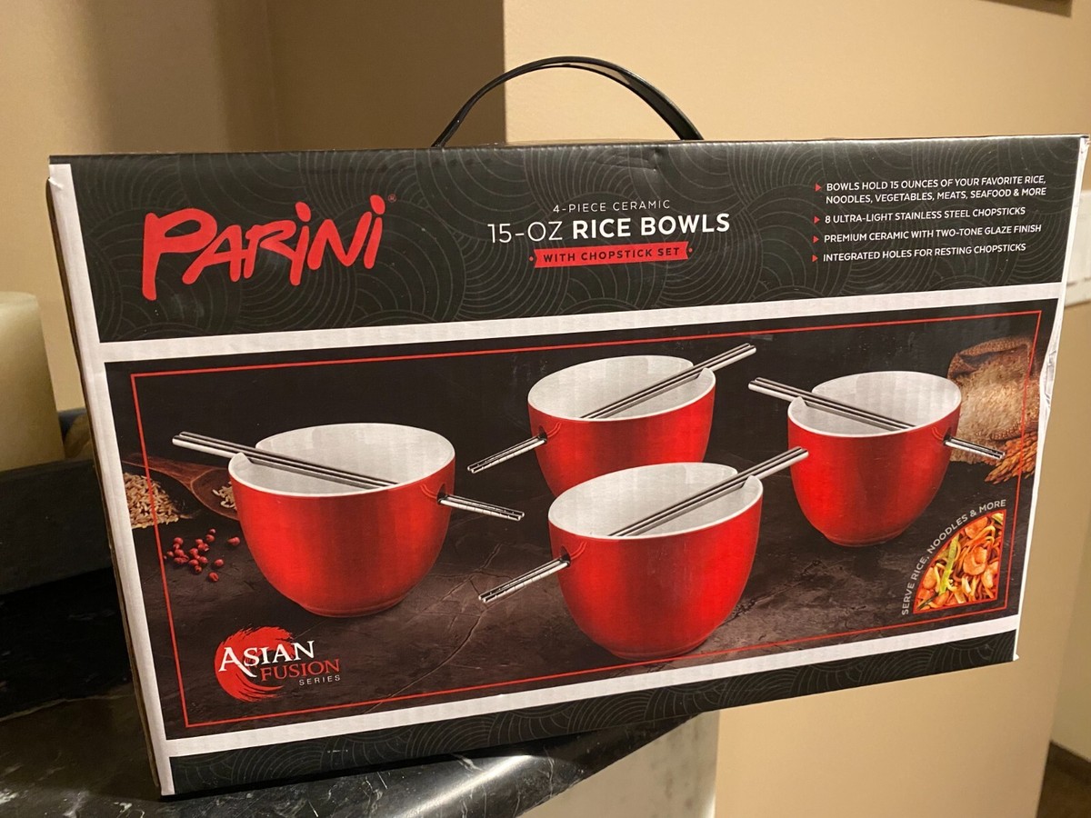 Parini Set of 4 Red 15oz Ceramic Rice Noodle Ramen Bowls w