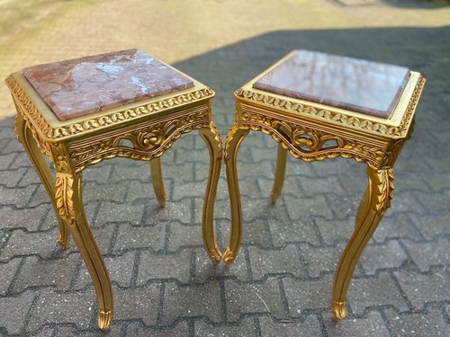 Table - French Louis XVI Gold Leaf Side Table with Pink Marble & Carved Wood - Picture 20 of 24
