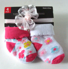 NWT 4 Pk Infant Turn Cuff Socks  Headband Gift Set Size 0 -12 Mo Pink Wt Floral