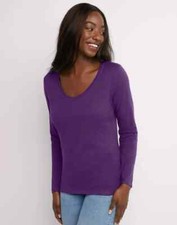 Hanes Women's Long Sleeve Cotton V-Neck T-Shirt - Violet Splendor - Size Small