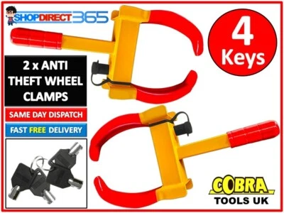 COBRA 2 x Morsetto Ruota Resistente Antifurto Blocco Sicurezza Pneumatici Caravan 4 Chiavi 20-40