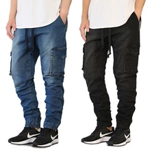 Men's DK Indigo & Black Stretch Denim Cargo Jogger Pants