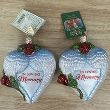 Lot Of 2 Old World Christmas Glass Blown Ornament, In Loving Memory Angle Wings