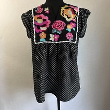 Savanna Jane Shirt Top women S Black polka dots sleeveless embroidered boho chic