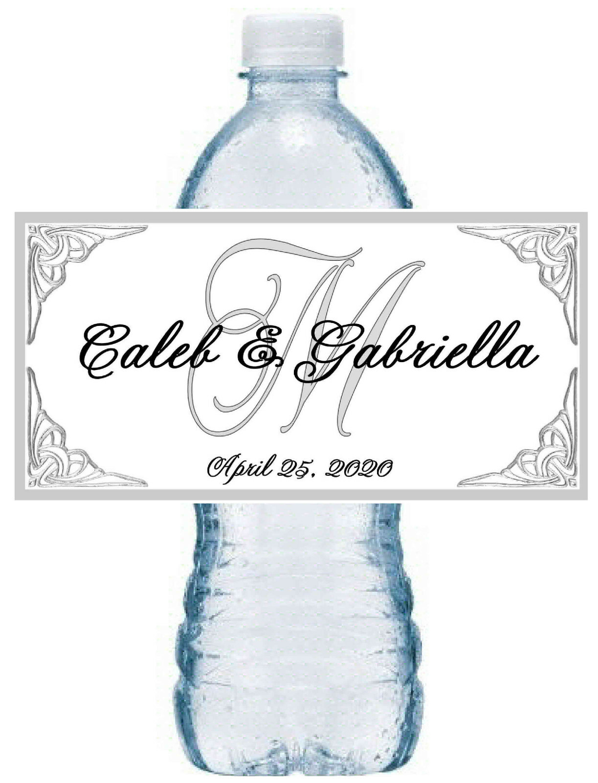 50 PERSONALIZED SILVER MONOGRAM WEDDING WATER BOTTLE LABELS 