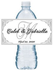 50 PERSONALIZED SILVER MONOGRAM WEDDING WATER BOTTLE LABELS Waterproof