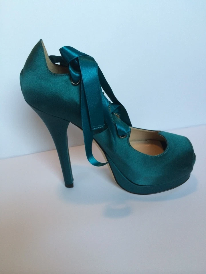 Fendi Circus Silk Cross Over Lace Pumps Platform Green Turquoise $790 Italy NWB - Image 3 of 4