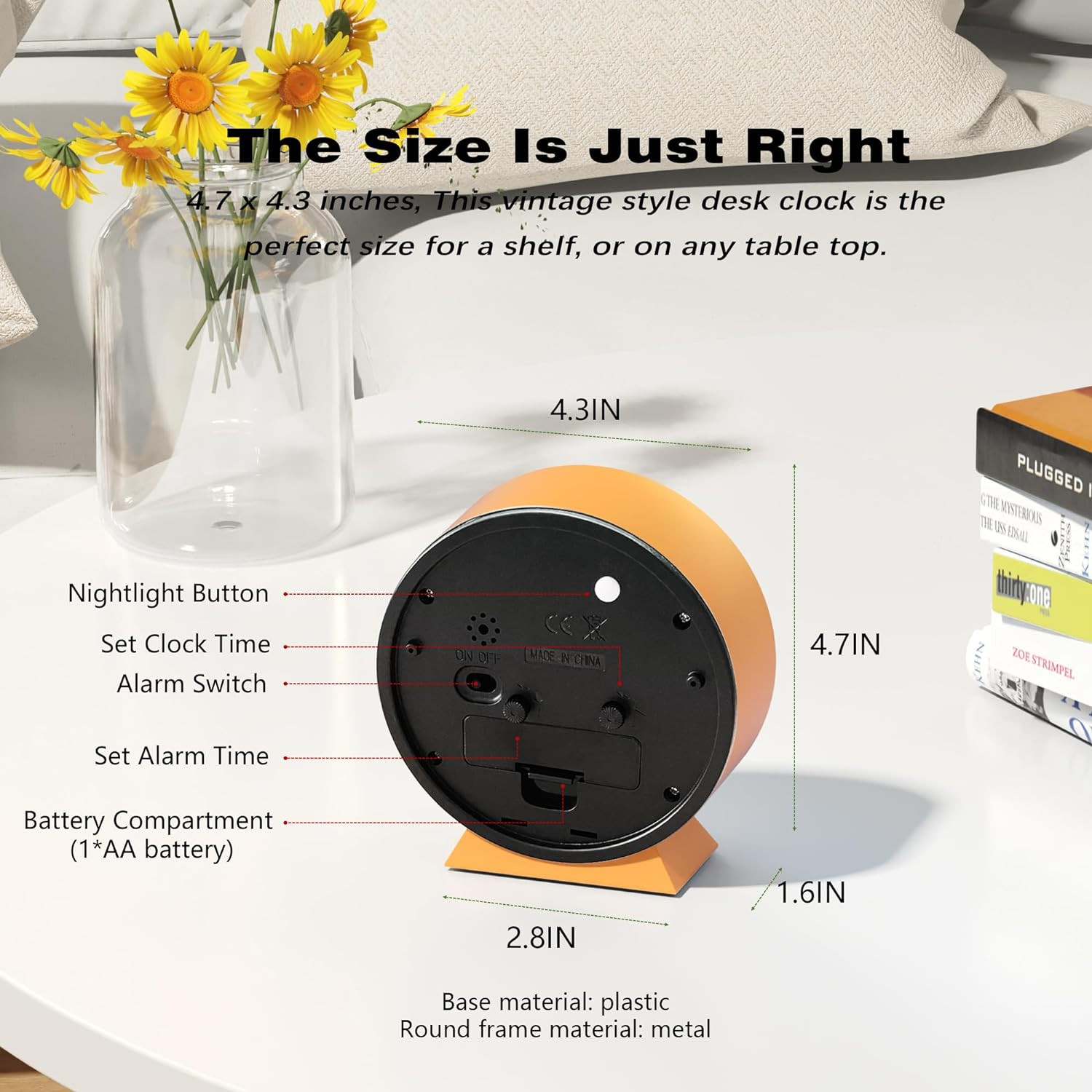 AYRELY&reg; 4.5 Analog Alarm ClockSmall Retro Desk Clock Battery OperatedSlient