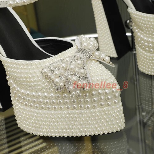 Women Faux Pearl High Heel Chunky Heel Platform Bow Sandals Wedding Bridal Shoes - Imagen 4 de 29