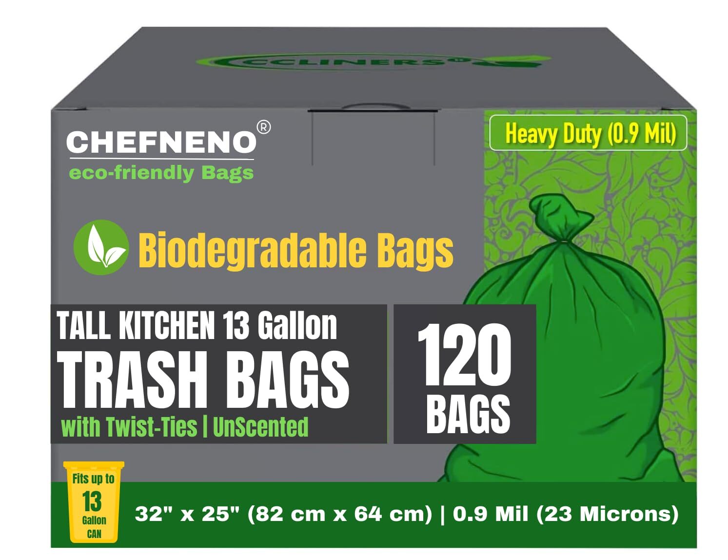 Tall Kitchen Biodegradable Trash Bags 13 Gallon (120 Bags) Eco-friendly Mediu...