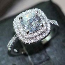 2.0 TCW Cushion Cut Moissanite Double Halo Engagement Ring 14K White Gold Plated