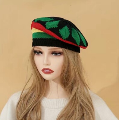 Hat Color Block Knitted Beret. Knit Acrylic Painter Cap. Elastic ...
