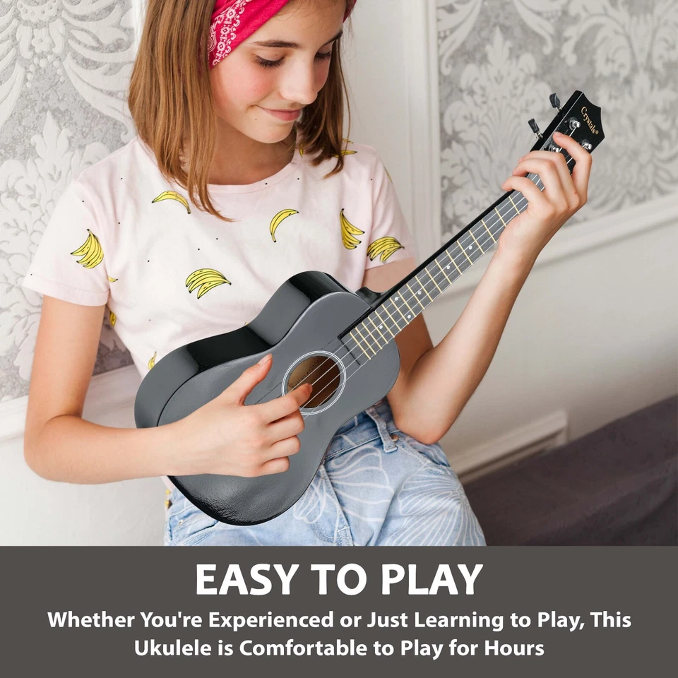 23" Concert Beginners Ukulele with Felt Pick & Spare Strings – Black - Image 4 of 4