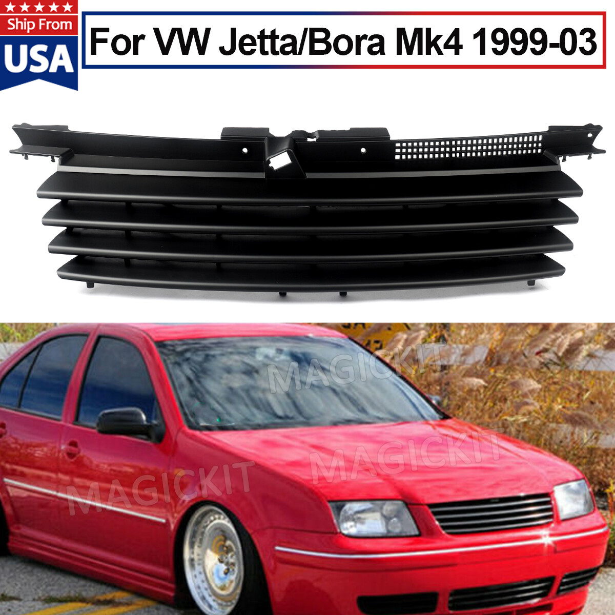 Front Black Badge Less Grill W/ Hood Notch Filler For 9905 Vw Jetta